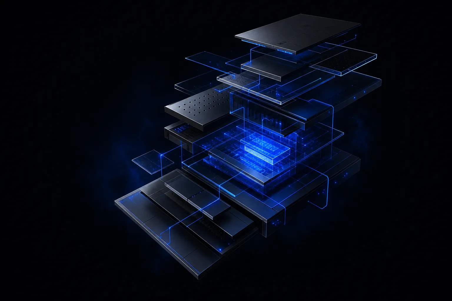 Abstract illustration of a floating, exploded modular platform infrastructure.